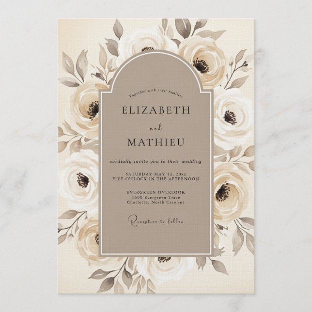 Tan Floral Blossom Wedding Invitation (Front)