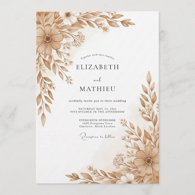 Tan Floral Brushstroke Romance Wedding Invitation (Front)