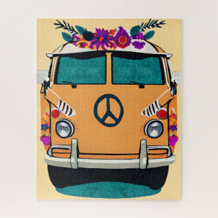 Tan Floral Retro Hippie Van Vintage Art Jigsaw Puzzle