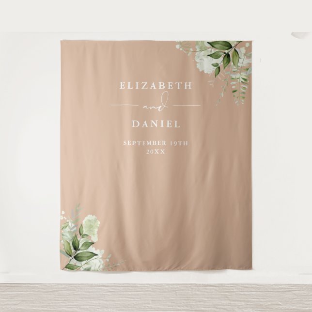 Tan Floral Wedding Photo Booth Backdrop Tapestry (Front)