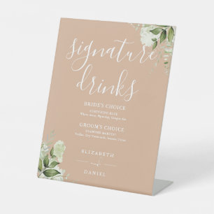 Tan Floral Wedding Signature Drinks Pedestal Sign