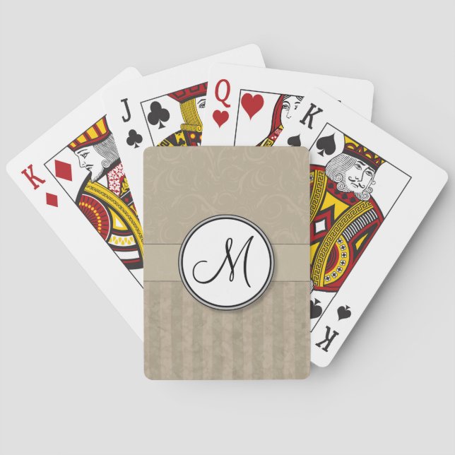 Tan Floral Wisps & Stripes with Monogram Playing Cards (Back)