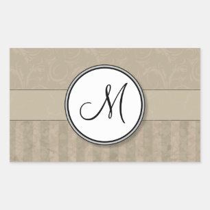 Tan Floral Wisps & Stripes with Monogram Rectangular Sticker