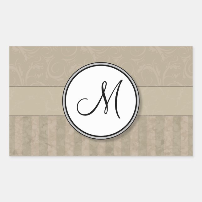 Tan Floral Wisps & Stripes with Monogram Rectangular Sticker (Front)