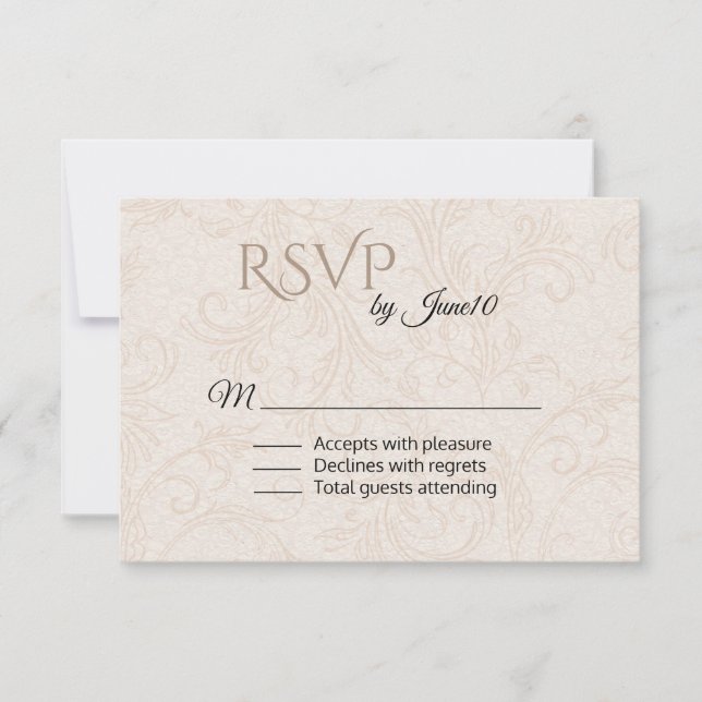Tan Flourish Damask Wedding RSVP Card (Front)
