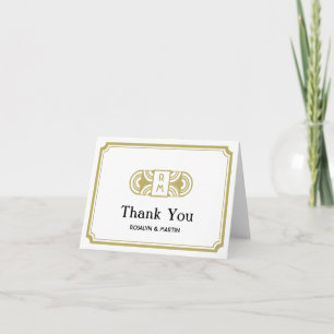 Tan frame black deco retro monogram thank you card