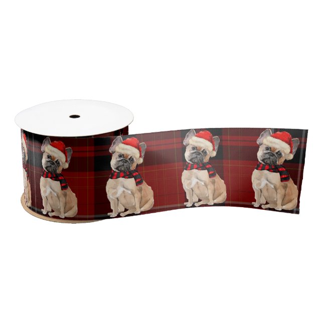 Tan Frenchie Dog and Red Plaid Christmas Satin Ribbon (Spool)