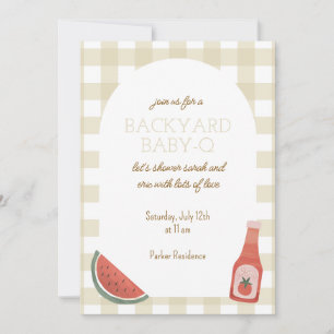 Tan Gingham Baby-Q Baby Shower Invitation