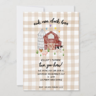 Tan Gingham Farmyard Farm Animal Barnyard Birthday Invitation