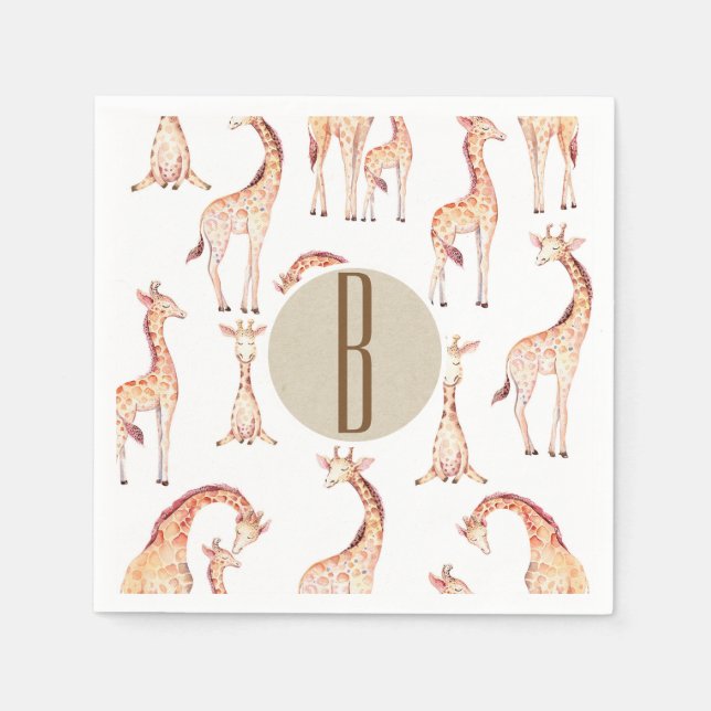 Tan Giraffes Baby Shower Monogram Letter Initial Napkin (Front)