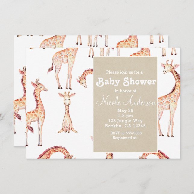 Tan Giraffes & Kraft Safari Whimsical Baby Shower Invitation (Front/Back)