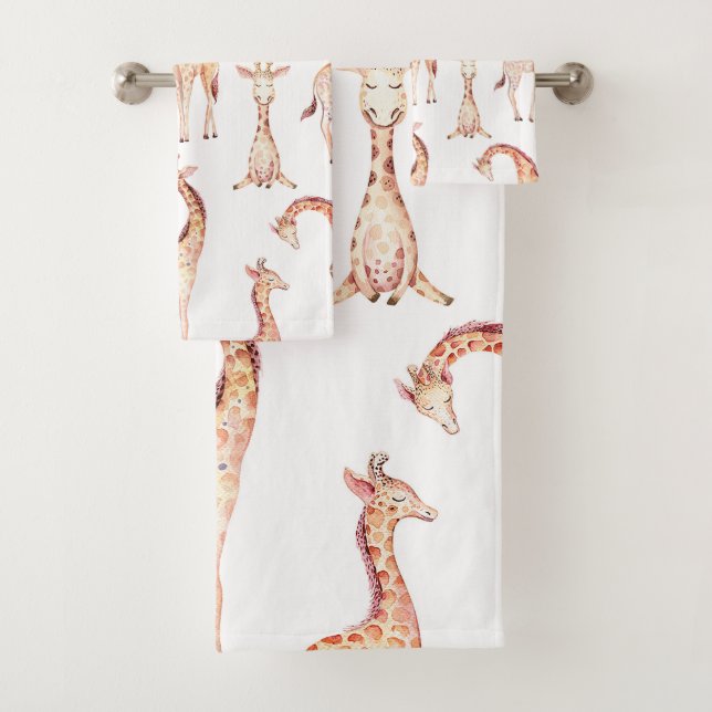 Tan Giraffes Whimsical Unisex Baby Shower Kids Bath Towel Set (Insitu)