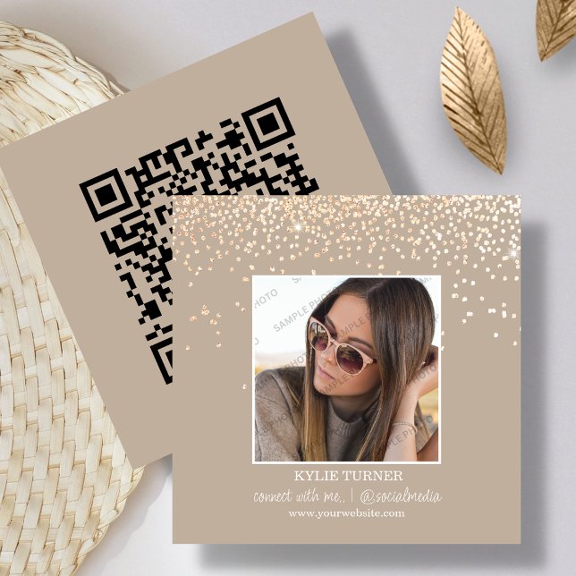 Tan Glitter | Photo | Social Media | QR Code   Square Business Card (Creator Uploaded)