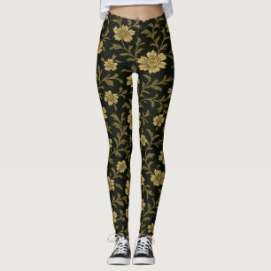Tan Green Black Floral Leggings