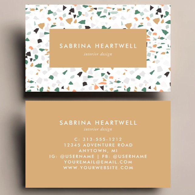 Tan Green Grey Terrazzo Pattern Interior Design Business Card (Creator Uploaded)