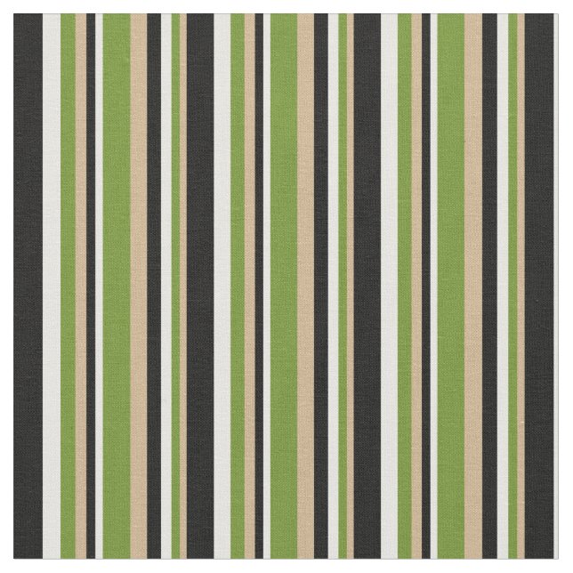 Tan, Green, Mint Cream, and Black Stripes Pattern Fabric (Close Up)