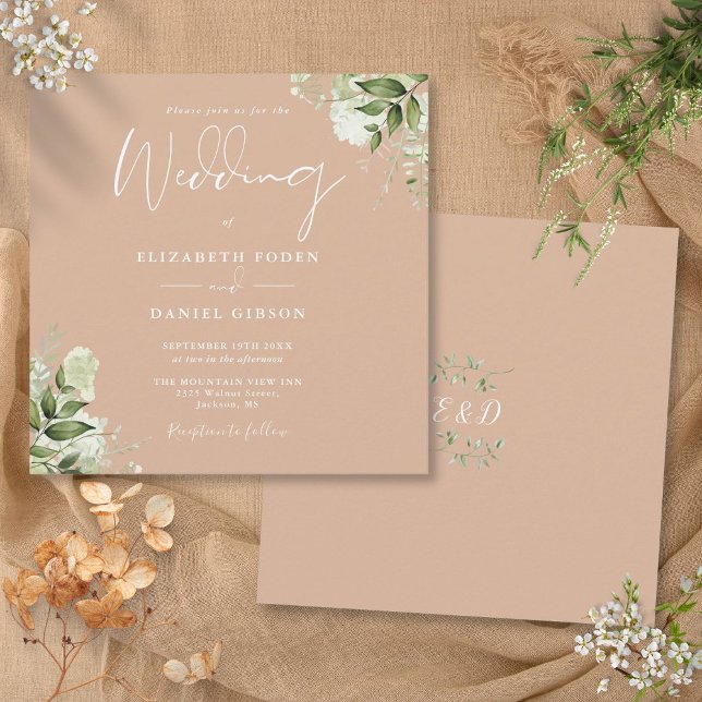 Tan Greenery Floral Monogram Square Wedding Invitation (Tan Greenery Floral Monogram Square Wedding Invitation)