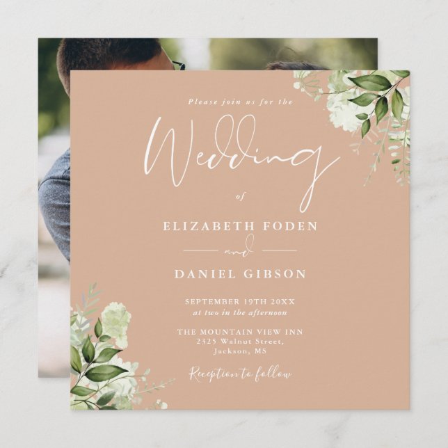 Tan Greenery Floral Photo Square Wedding Invitation (Front/Back)
