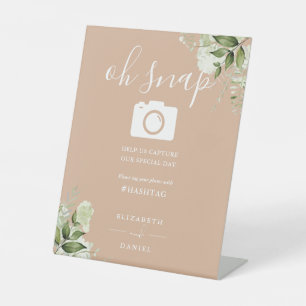 Tan Greenery Floral Script Oh Snap Photo Pedestal Sign