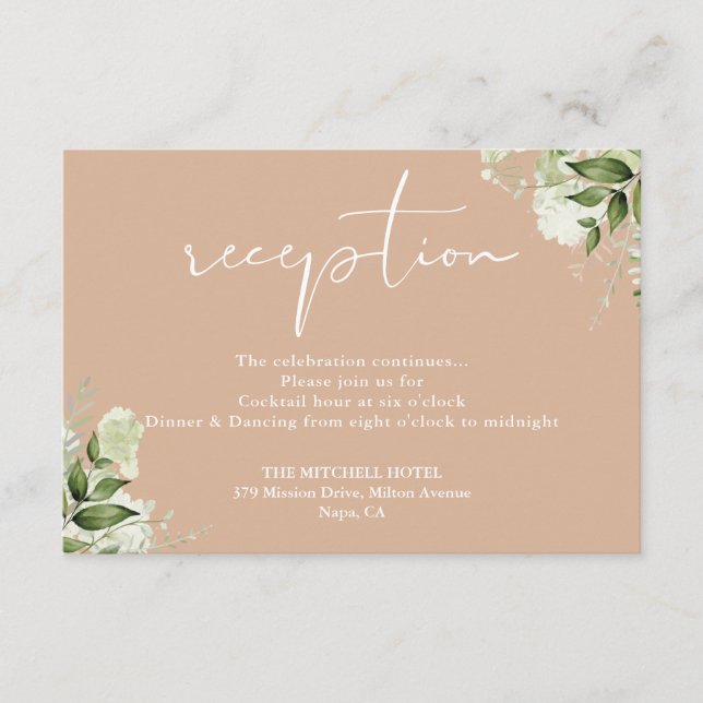 Tan Greenery Floral Wedding Reception Enclosure Card (Front)