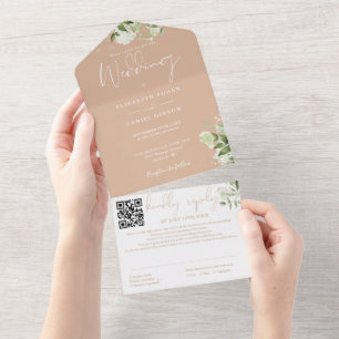 Tan Greenery Monogram QR Code Wedding All In One Invitation