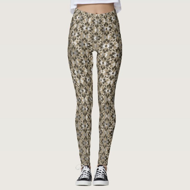 Tan, Grey, and Brown Patterned Flowers Leggings (Front)