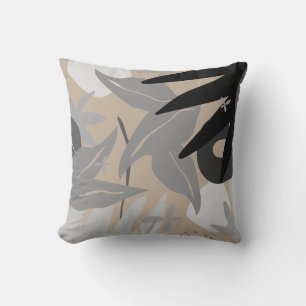 Tan Grey & Black Artistic Abstract Botanical Cushion