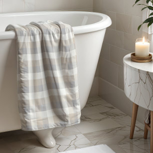 Tan Grey Ivory Neutral Rustic Plaid Bath Towel