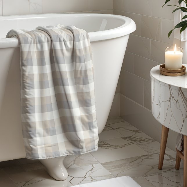 Tan Grey Ivory Neutral Rustic Plaid Bath Towel (Creator Uploaded)