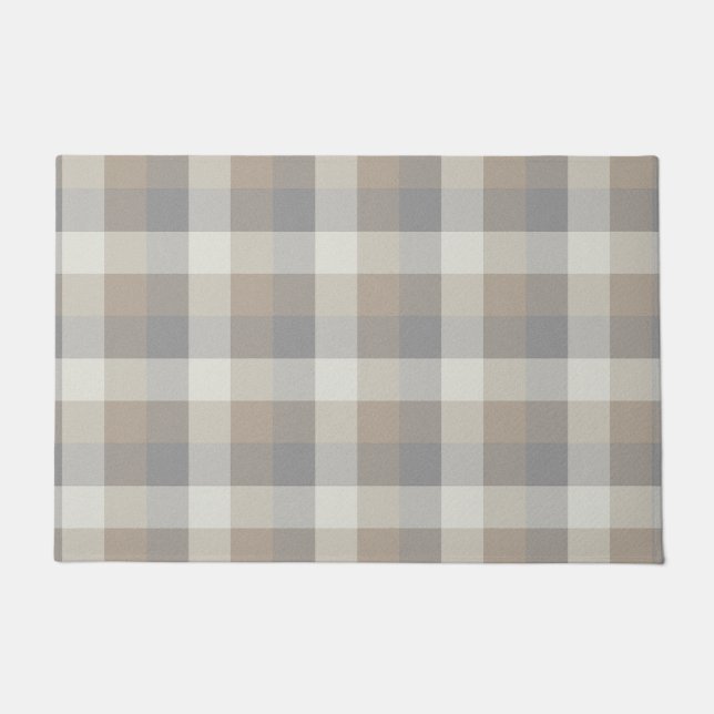 Tan Grey Ivory Neutral Rustic Plaid Doormat (Front)