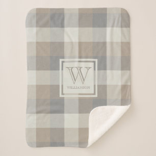 Tan Grey Ivory Neutral Rustic Plaid Sherpa Blanket