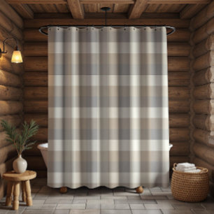 Tan Grey Ivory Neutral Rustic Plaid Shower Curtain
