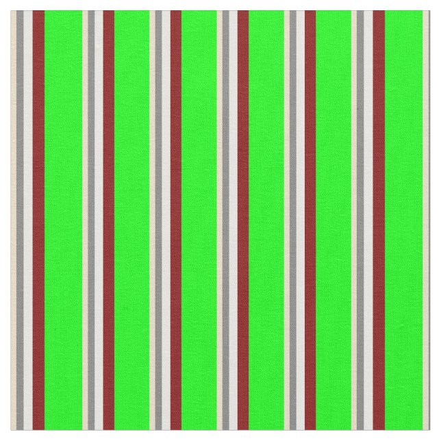 Tan, Grey, White, Maroon & Lime Stripes Pattern Fabric (Close Up)