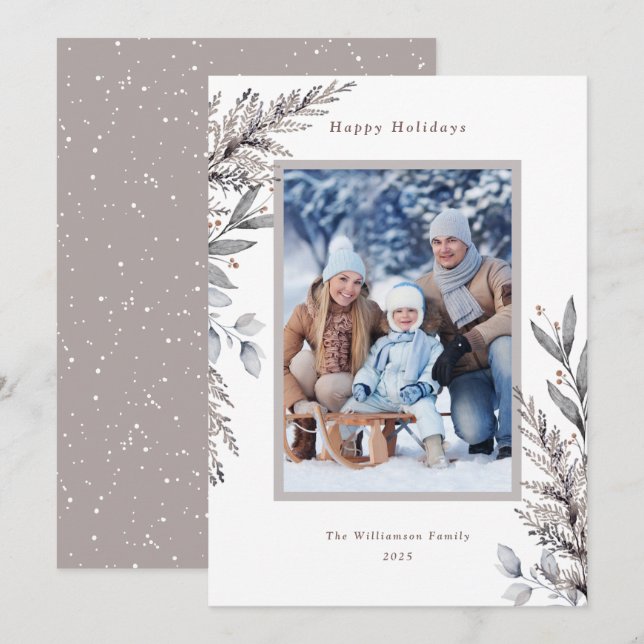 Tan & Grey Winter Botanicals Watercolor Photo Holiday Card (Front/Back)