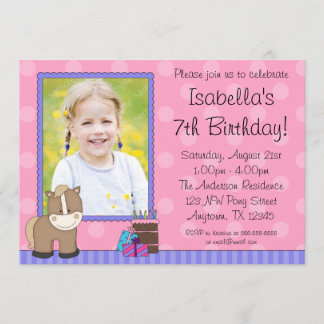 Tan Horse Pink Polka Dots Photo Birthday Party Invitation