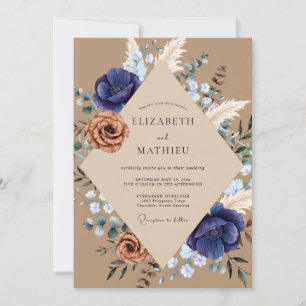 Tan Indigo Pampas Eucalyptus Wedding Invitation