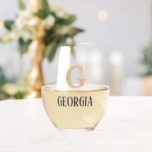 Tan Initial and Black Name   Modern Stemless Wine Glass