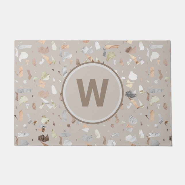 Tan Italian Terrazzo Tile Monogrammed Doormat (Front)