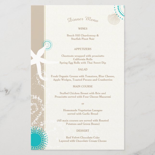 Tan Ivory Aqua Trendy Beach Wedding Menu (Front)