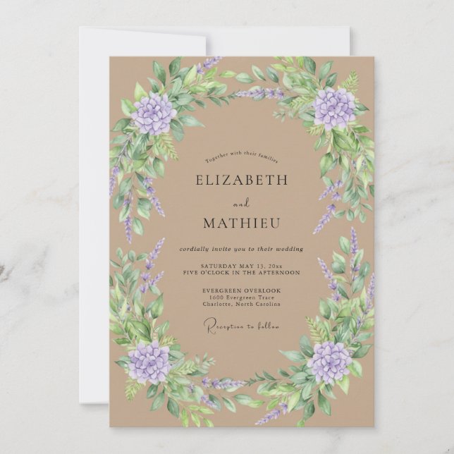 Tan Lavender Hydrangea Eucalyptus Wedding Invitation (Front)