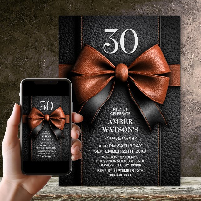 Tan Leather Bow 30th Birthday Party Invitation (Creator Uploaded)