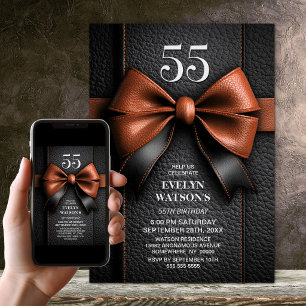 Tan Leather Bow 55th Birthday Party Invitation