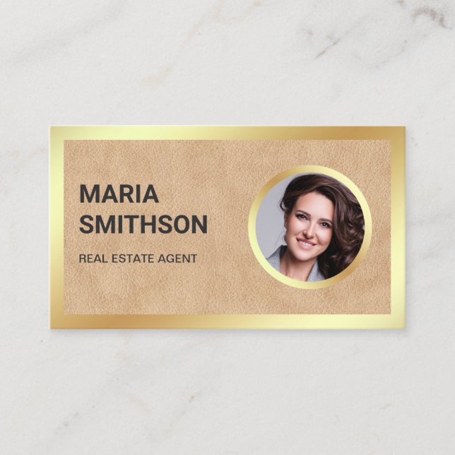 Tan Leather Gold Foil Photo Real Estate Agent Business Card (Front)