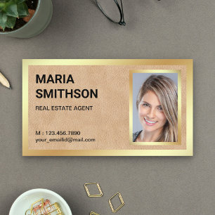 Tan Leather Gold Foil Real Estate Realtor Photo Business Card