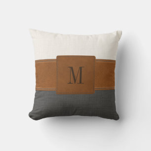 Tan Leather Gray White Linen Farmhouse Monogram Cushion