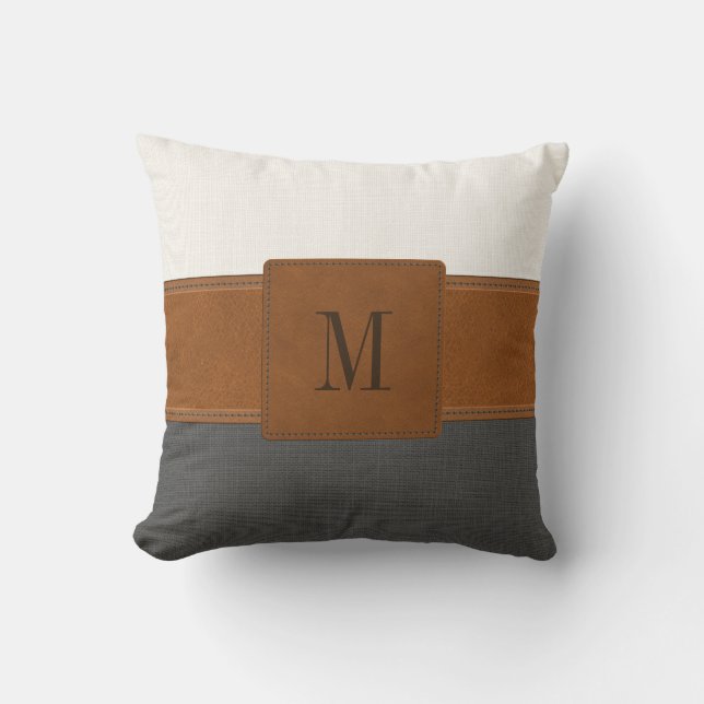 Tan Leather Grey White Linen Farmhouse Monogram Cushion (Front)