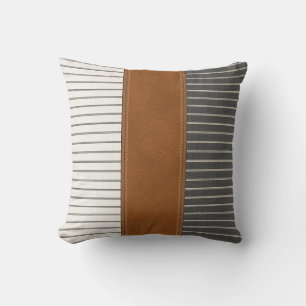 Tan Leather Striped Linen Minimal Farmhouse  Cushion