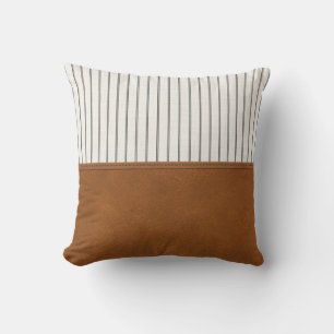 Tan Leather Striped White Linen Minimal Farmhouse Cushion