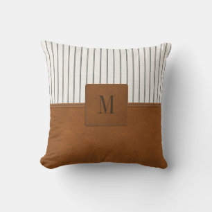 Tan Leather Striped White Linen Monogram Farmhouse Cushion