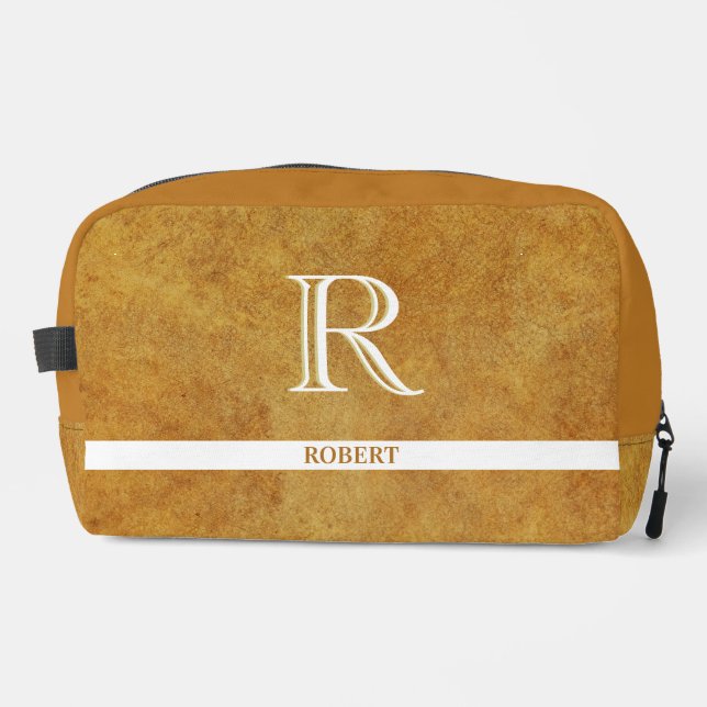 Tan Leather Texture Trim White Monogram Name   Dopp Kit (Front)
